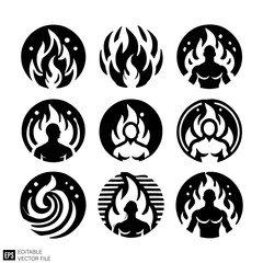 set of flame icon vector illustration black and white silhouette graphic design template