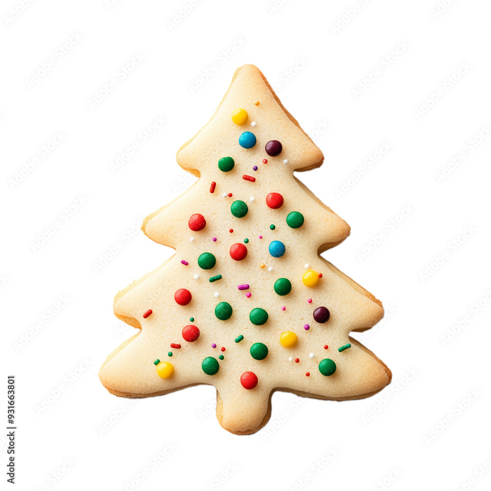 Poster top view of a christmas tree shaped sugar cookie with colorful sprinkle decorations isolated on tran