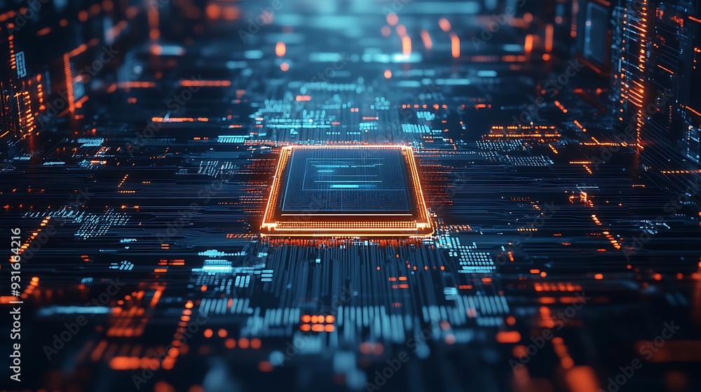 Poster a glowing cpu chip sits on a circuit board, surrounded by digital data.