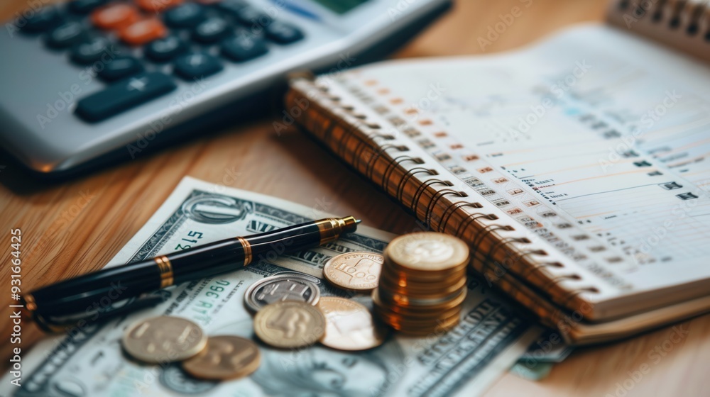 Fototapete a stack of cash, various coins, and an open notebook filled with notes and calculations sit beside a