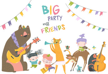 Fototapeta premium Birthday card with cute animals and kids playing the musical instruments