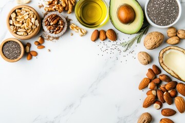 Fototapeta premium Healthy Nuts, Seeds, Avocado, and Oil on White Marble