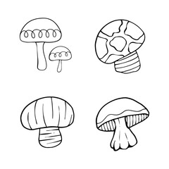 Illustration of autumn forest plants. Graphic vintage mushrooms with stars. Botanical illustrations. Witch mushrooms for Halloween. Graphic vintage doodle illustration with space magic mushrooms.
