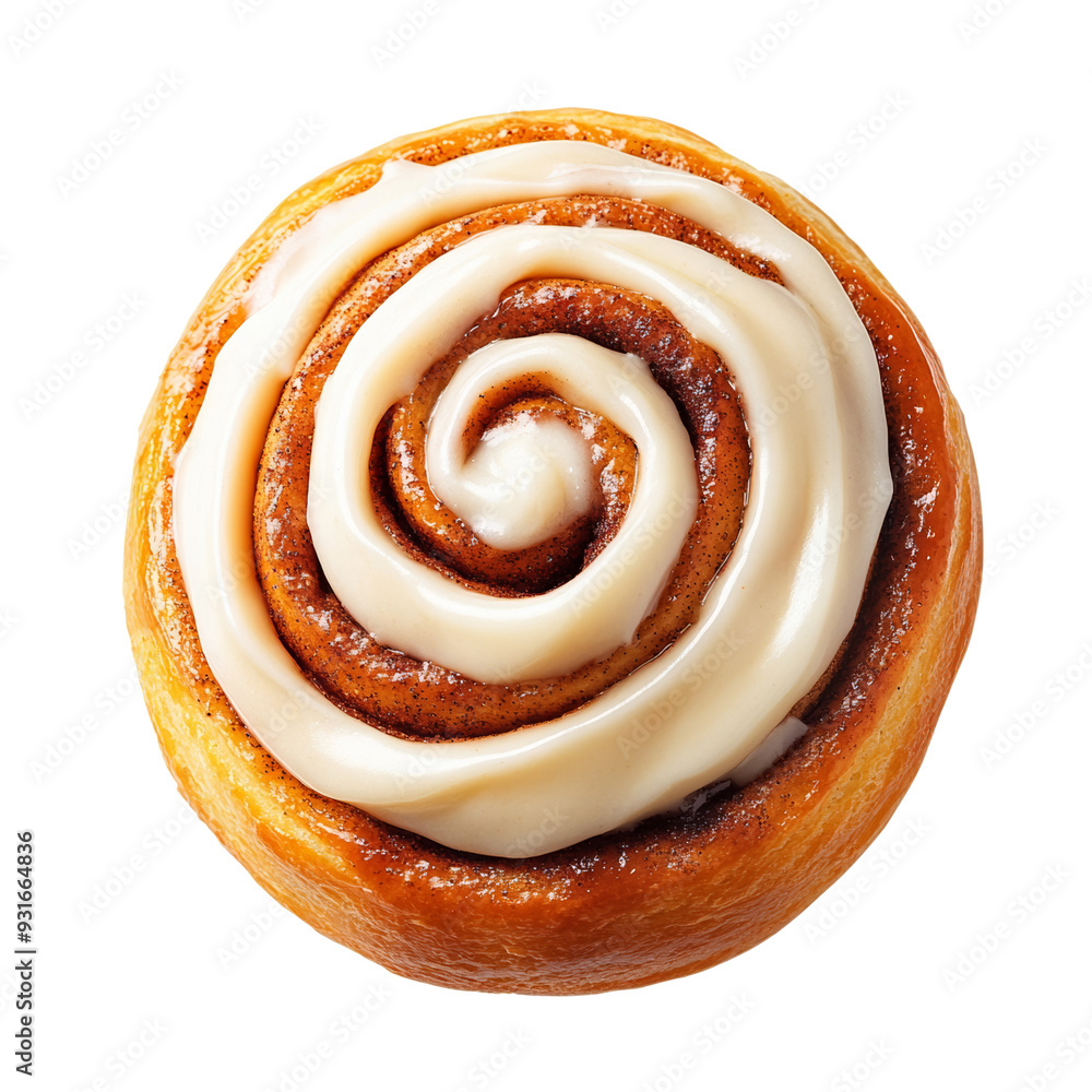 Aufkleber top view of a cinnamon roll with thick cream cheese icing swirled in a spiral pattern isolated on tr