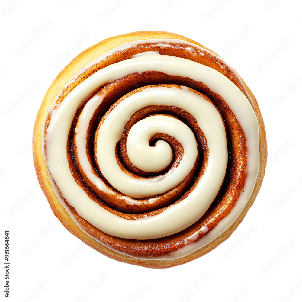 Aufkleber top view of a cinnamon roll with thick cream cheese icing swirled in a spiral pattern isolated on tr