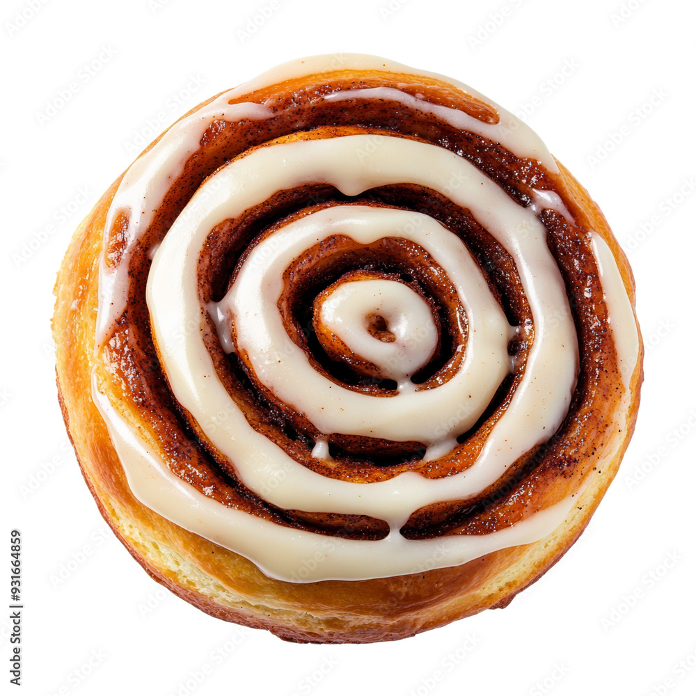 Aufkleber top view of a cinnamon roll with thick cream cheese icing swirled in a spiral pattern isolated on tr