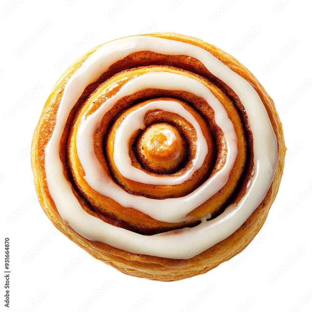 Aufkleber top view of a cinnamon roll with thick cream cheese icing swirled in a spiral pattern isolated on tr