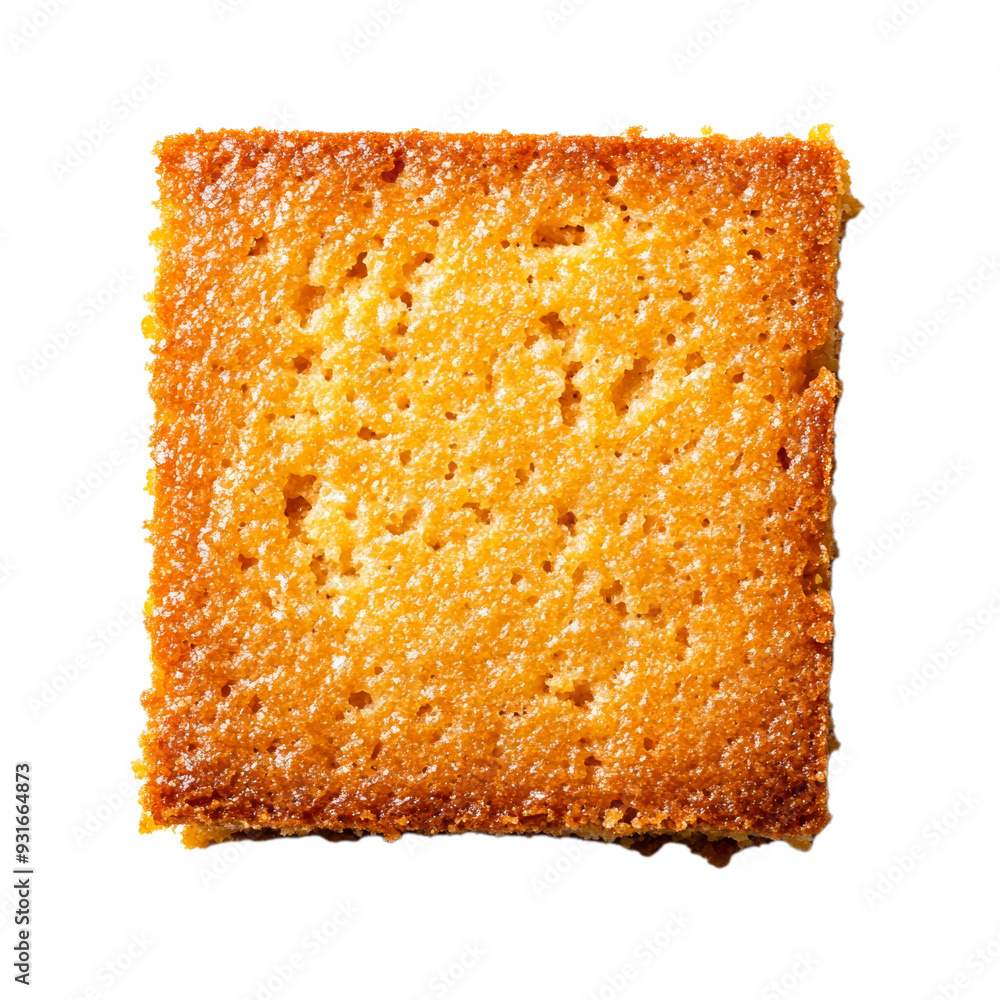 Poster top view of a cornbread slice with crumbly texture and golden brown top isolated on transparent back
