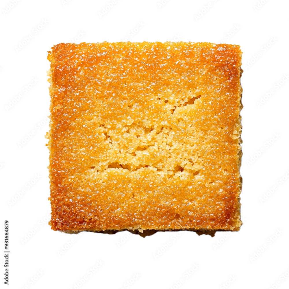 Poster top view of a cornbread slice with crumbly texture and golden brown top isolated on transparent back