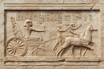A detailed engraving of an Egyptian pharaoh's procession, complete with hieroglyphics and ornate chariots.