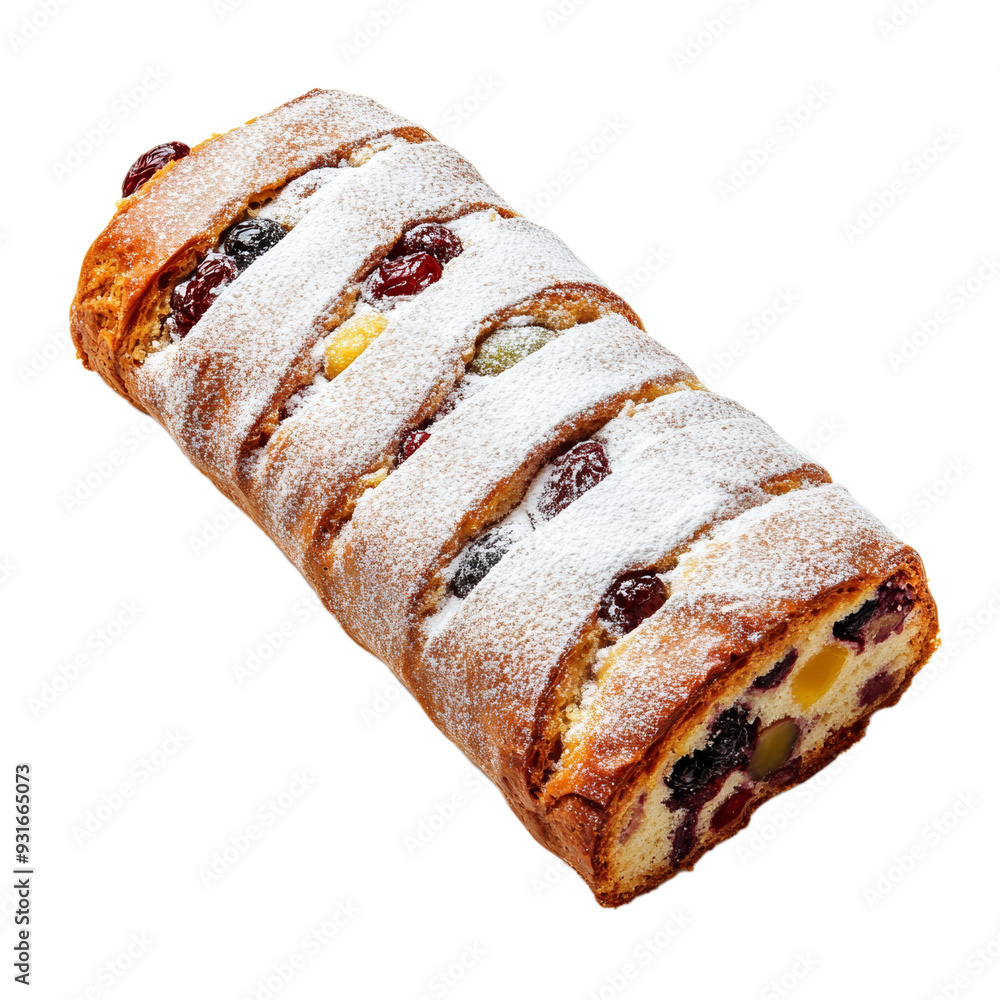 Poster top view of a neatly wrapped fruit stollen slice dusted with powdered sugar isolated on transparent 