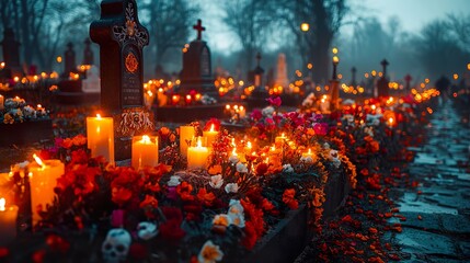 Obraz premium A beautifully illuminated cemetery at night during Day of the dead with candles and flowers