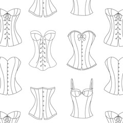 Vintage and modern corsets collection, vector seamless pattern line background.