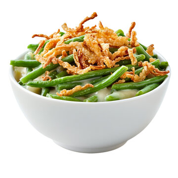 Top view of a green bean casserole with golden crispy onions and creamy sauce visible isolated on transparent background 