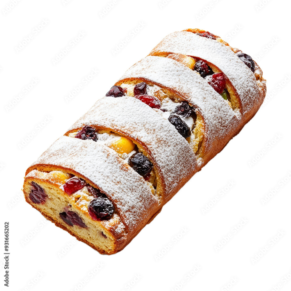 Poster top view of a neatly wrapped fruit stollen slice dusted with powdered sugar isolated on transparent 