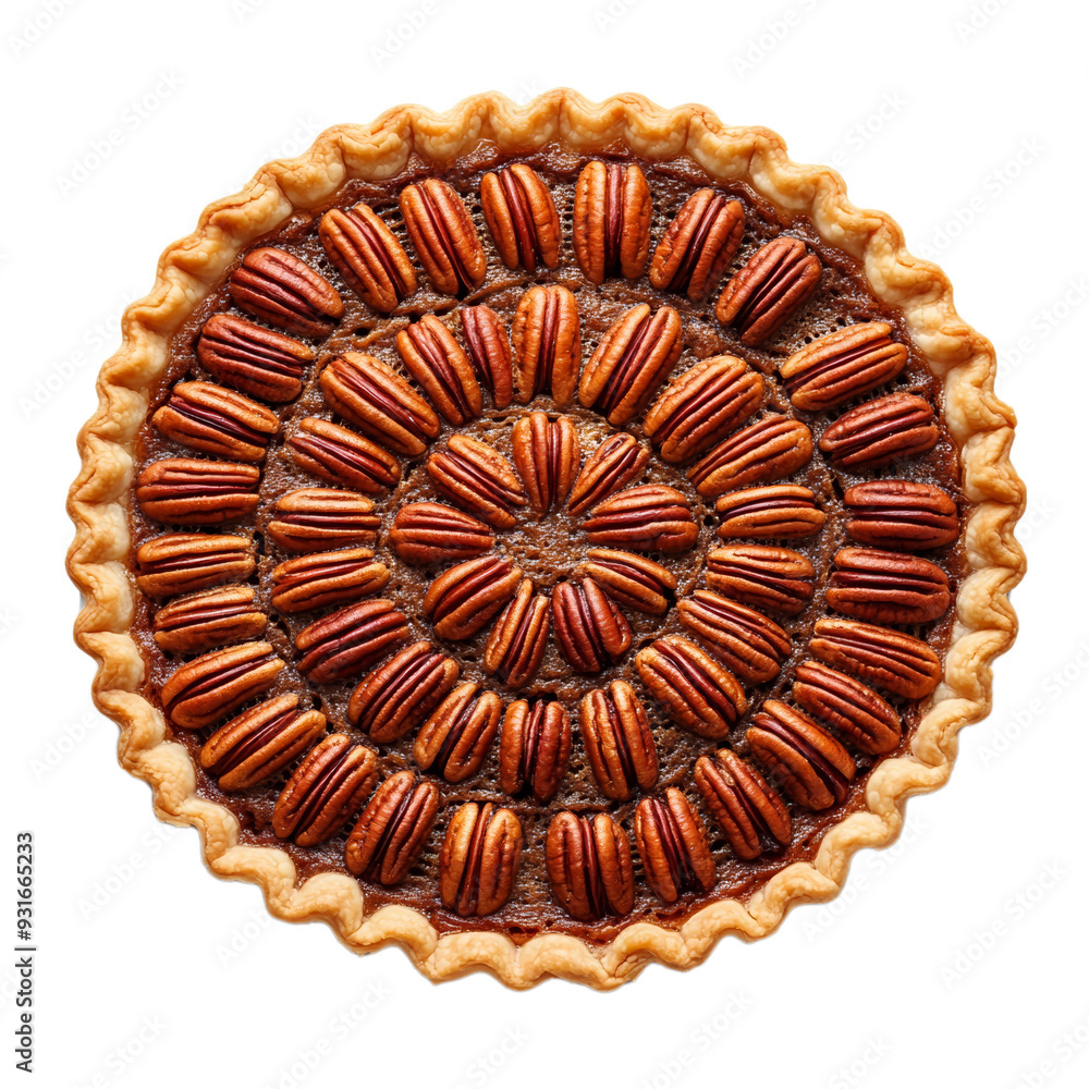 Poster top view of a pecan pie with whole pecans neatly arranged in a circular pattern isolated on transpar