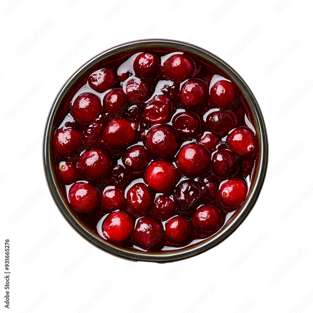 Poster top view of a portion of cranberry sauce with whole berries and glossy texture isolated on transpare