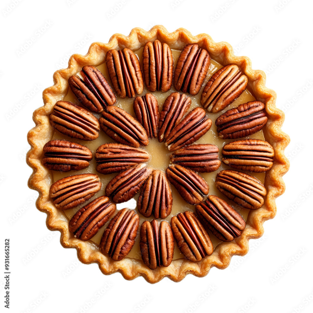 Poster top view of a pecan pie with whole pecans neatly arranged in a circular pattern isolated on transpar