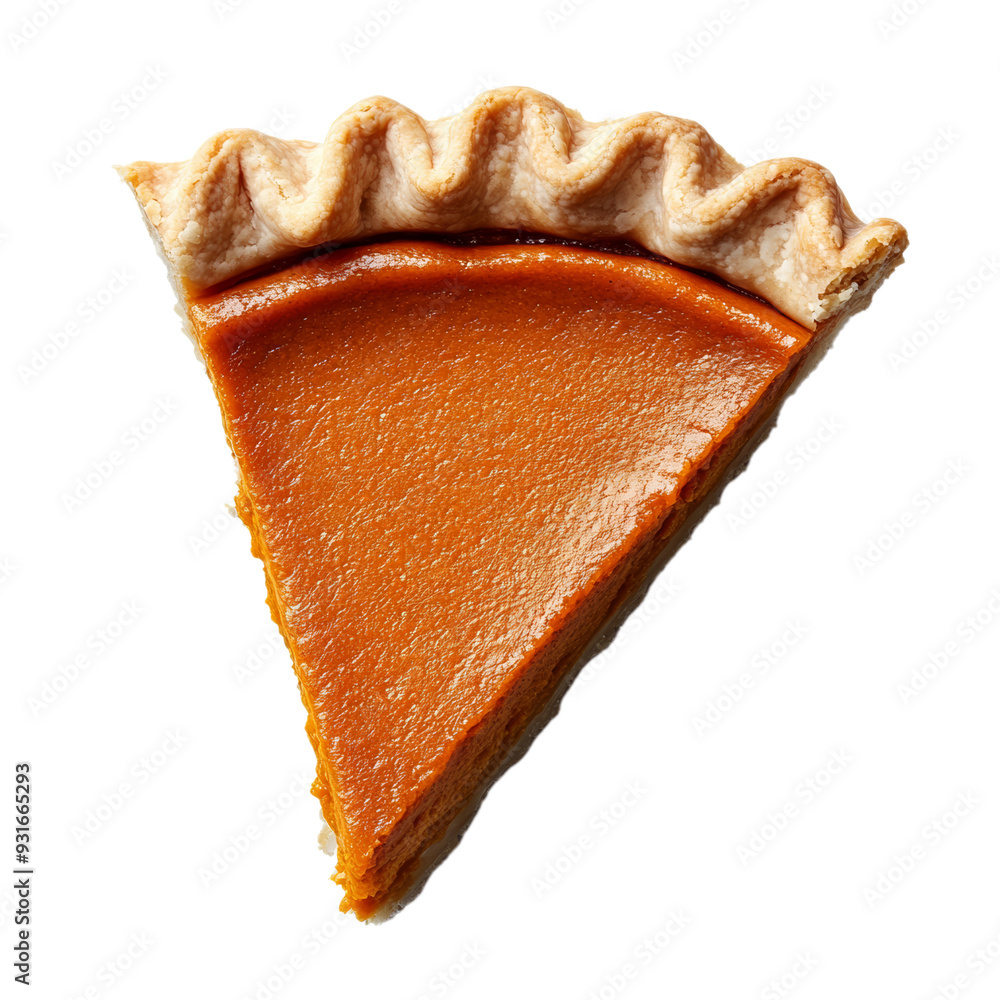 Poster top view of a pumpkin pie slice with smooth filling and decorative crust edge isolated on transparen