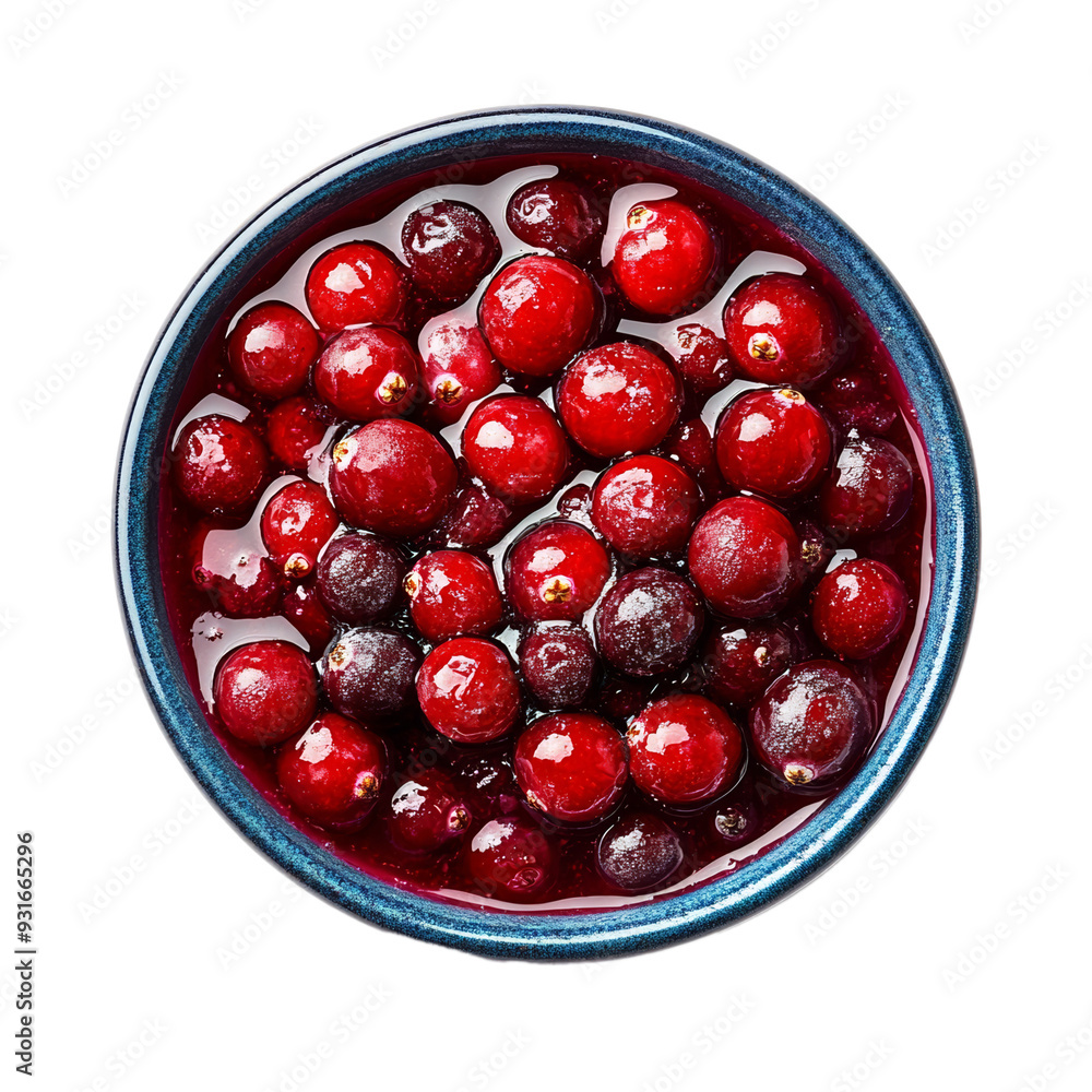 Poster top view of a portion of cranberry sauce with whole berries and glossy texture isolated on transpare