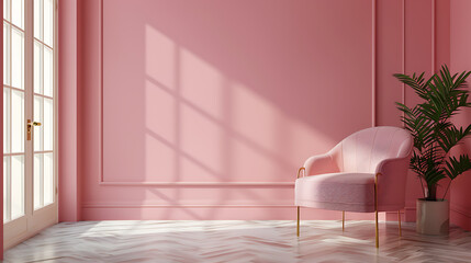 A pink armchair with gold legs sits in a pink room with white marble floors and a potted plant. Sunlight streams through the window, casting shadows on the wall.