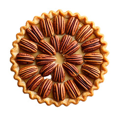 Top view of a pecan pie with whole pecans neatly arranged in a circular pattern isolated on transparent background 