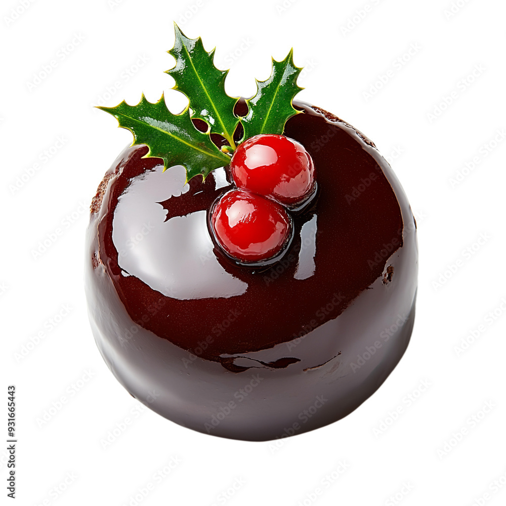 Poster top view of a round figgy pudding topped with a sprig of holly and glossy glaze isolated on transpar