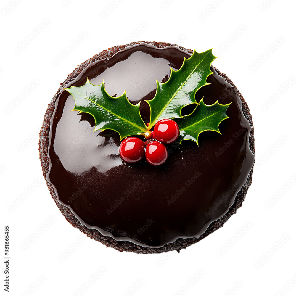 Poster top view of a round figgy pudding topped with a sprig of holly and glossy glaze isolated on transpar
