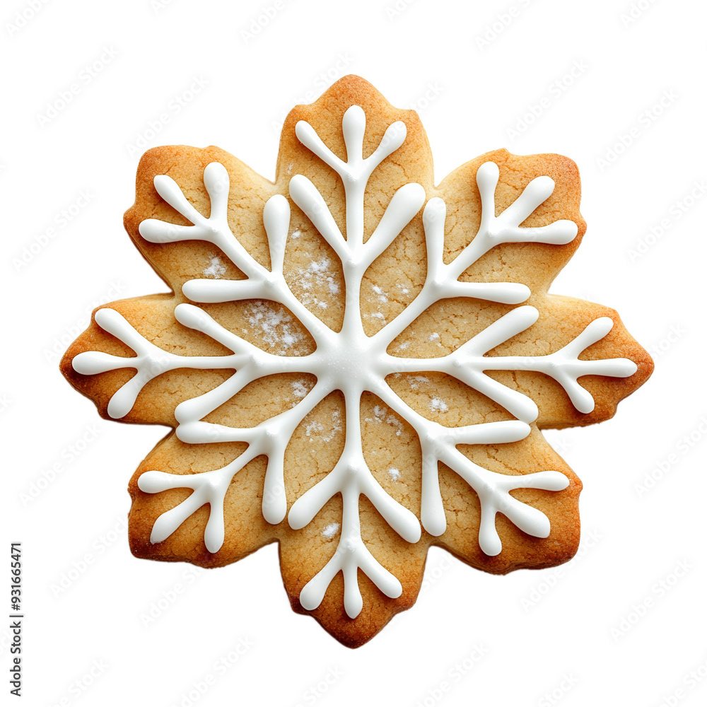 Poster top view of a round snowflake shaped sugar cookie with intricate transparent icing design isolated o