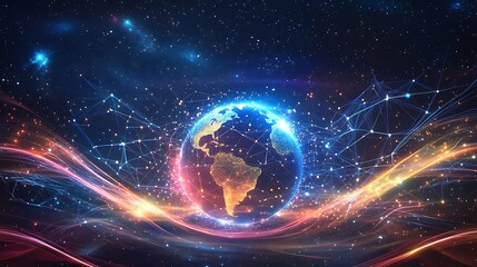 Fototapeta premium A glowing earth with digital network connections and energy waves.