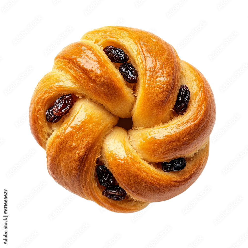 Poster top view of a single swedish saffron bun with twisted shape and raisin details isolated on transpare