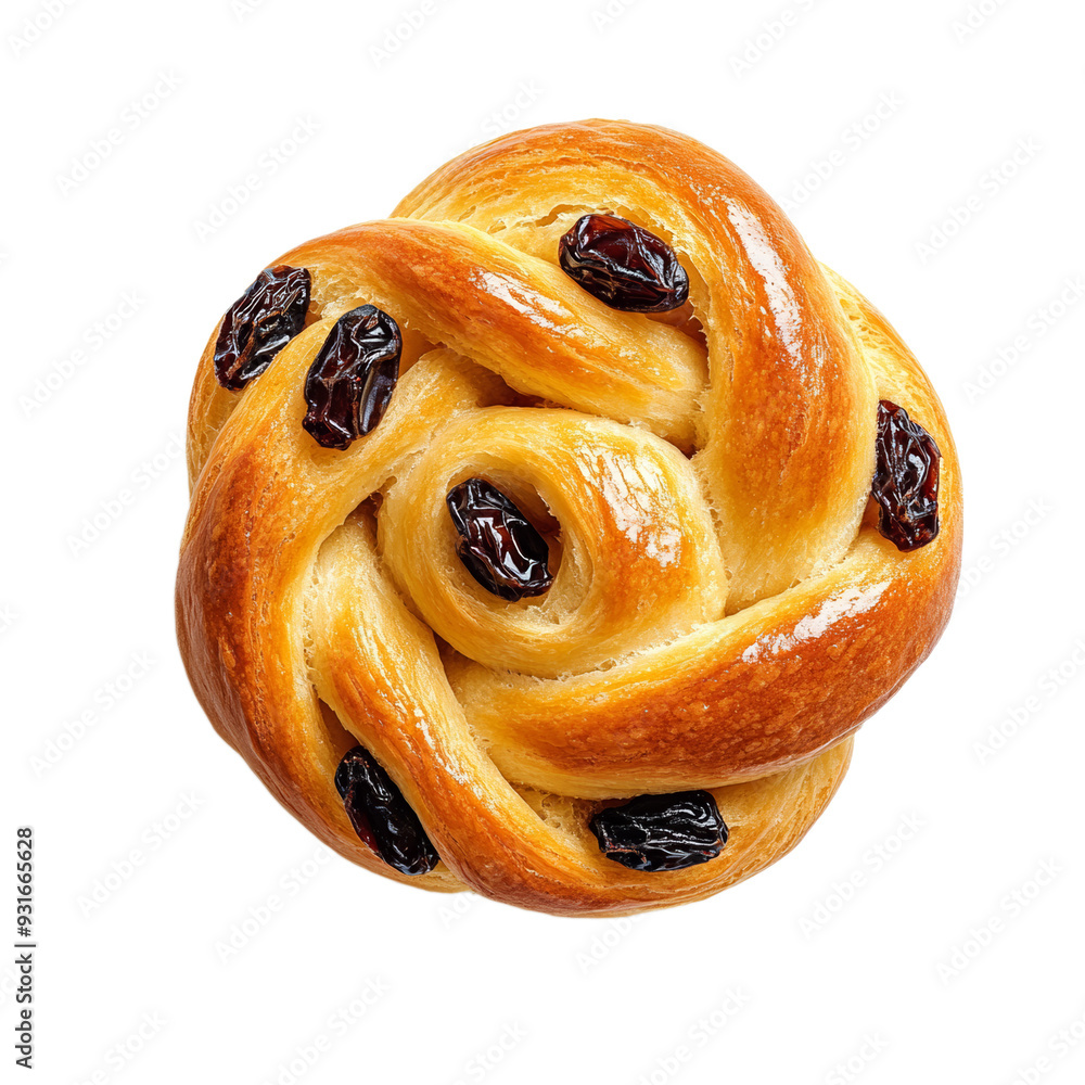 Poster top view of a single swedish saffron bun with twisted shape and raisin details isolated on transpare