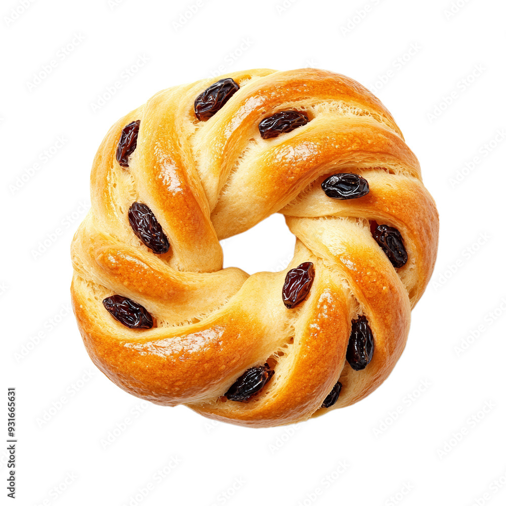 Wall mural Top view of a single Swedish saffron bun with twisted shape and raisin details isolated on transparent background 