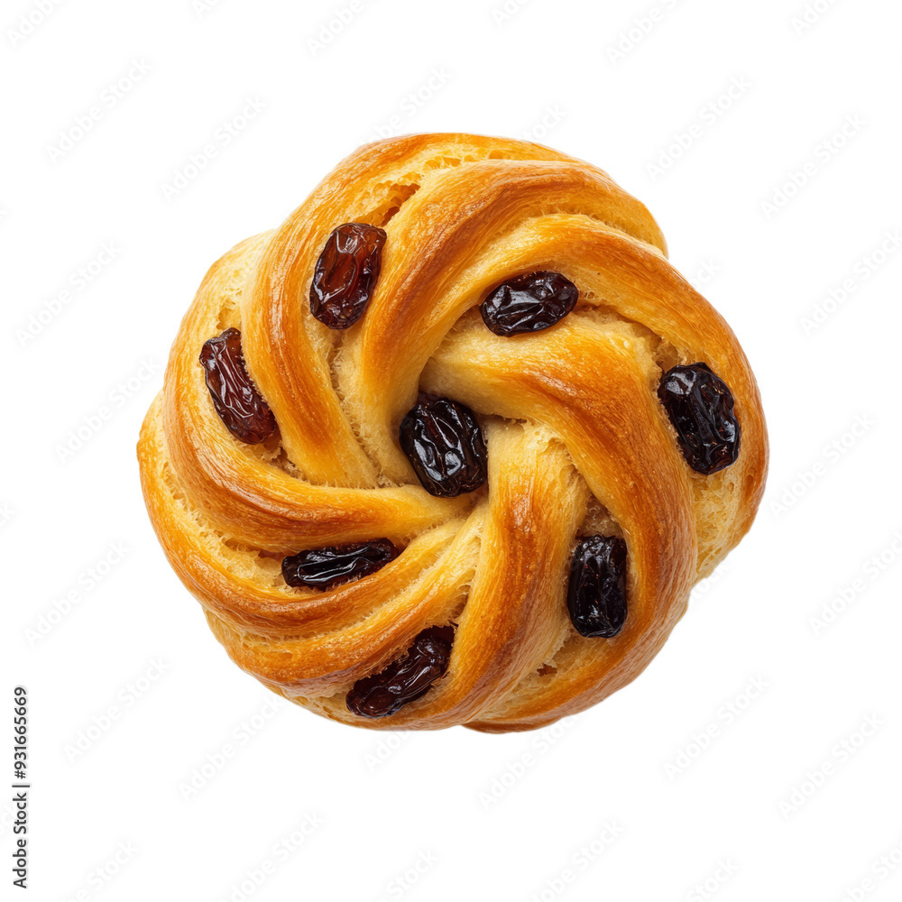 Poster top view of a single swedish saffron bun with twisted shape and raisin details isolated on transpare