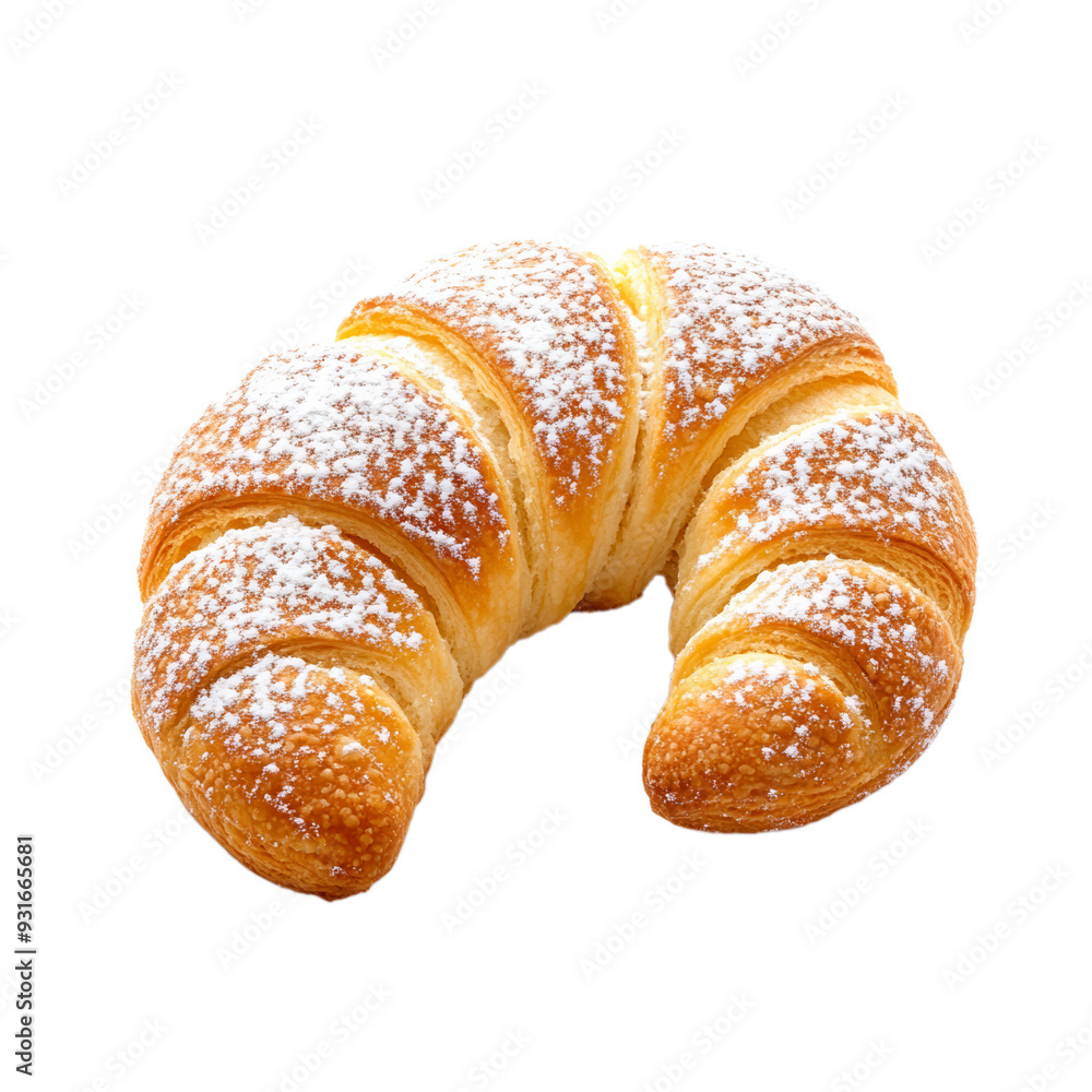 Poster top view of a single almond crescent cookie dusted with fine powdered sugar isolated on transparent 