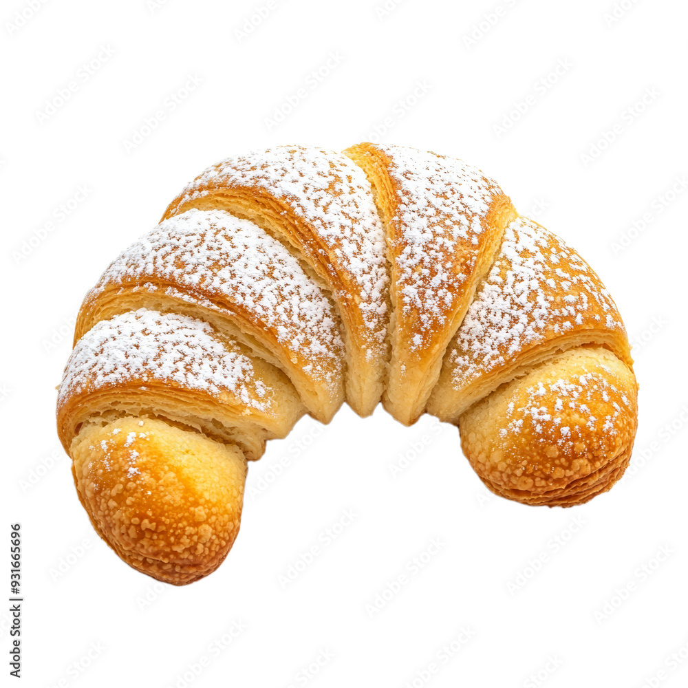 Poster top view of a single almond crescent cookie dusted with fine powdered sugar isolated on transparent 