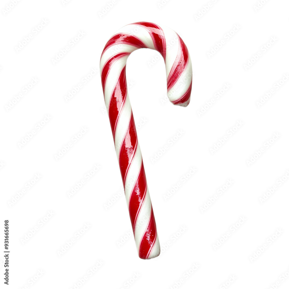 Poster top view of a single peppermint candy cane with red and transparent stripes in a spiral pattern isol