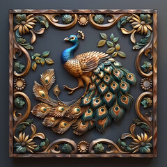 Fototapeta premium Art nouveau artistic image of peacock in a round shape,Luxurious peacock with an open tail,magnificent realistic peacock