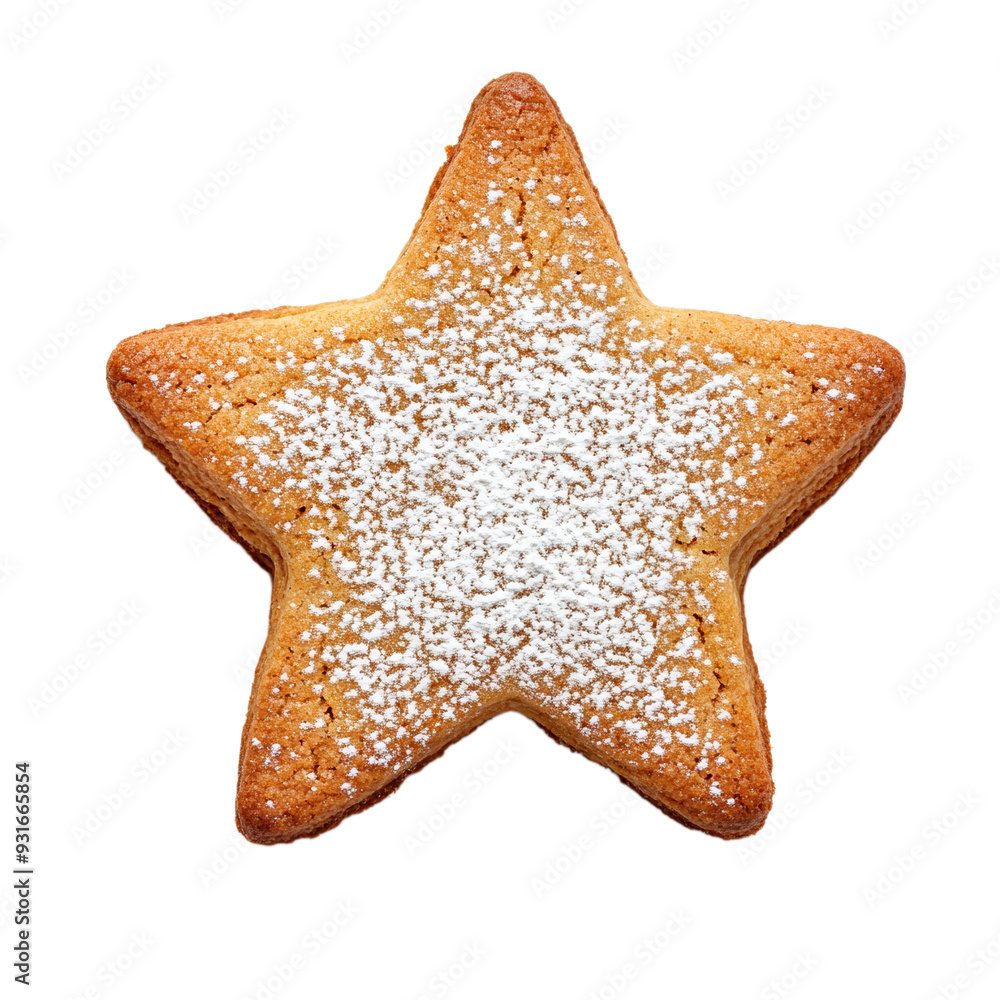 Poster top view of a single star shaped cinnamon cookie dusted with powdered sugar isolated on transparent 