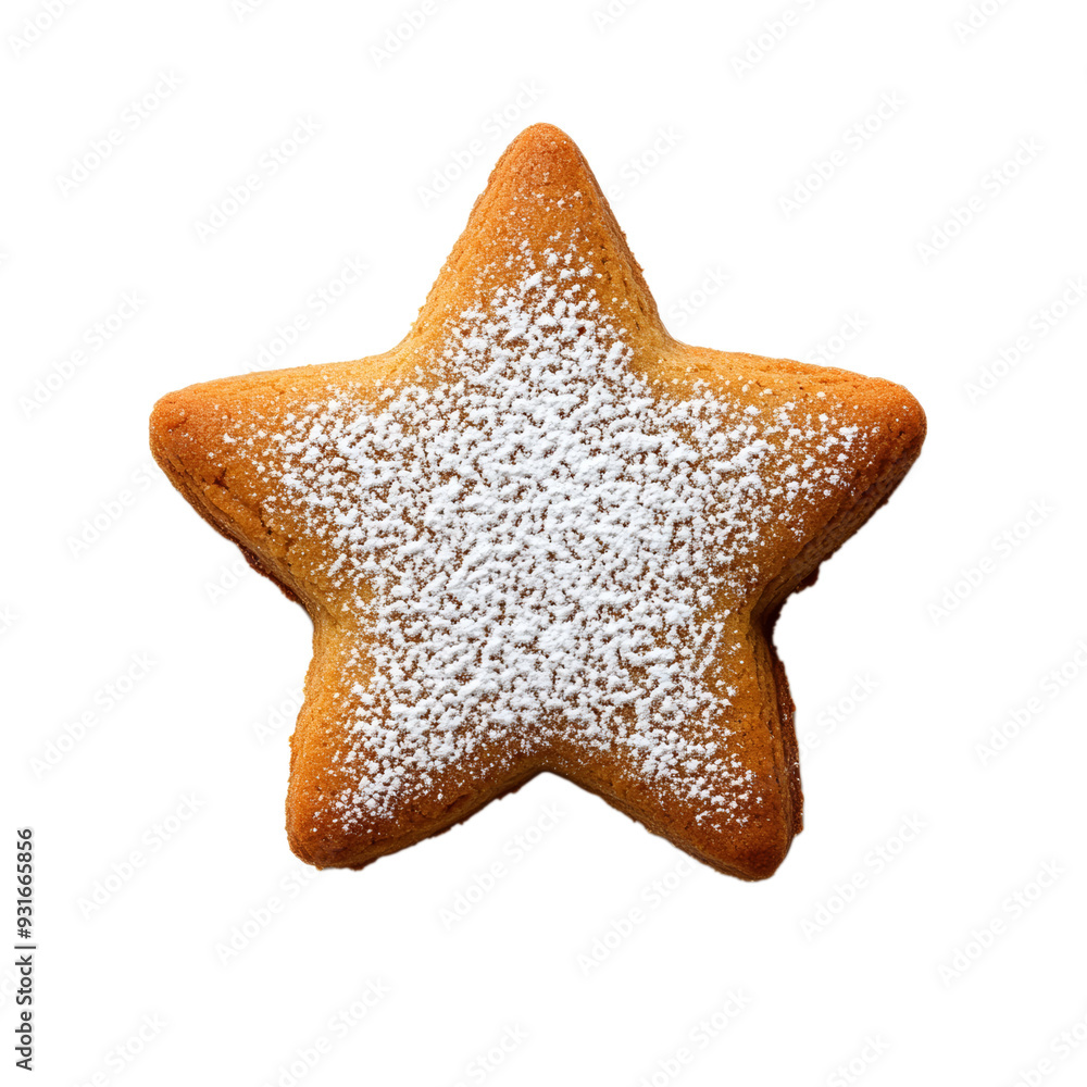 Poster top view of a single star shaped cinnamon cookie dusted with powdered sugar isolated on transparent 