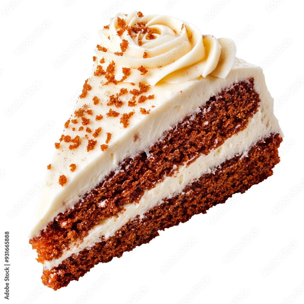 Poster top view of a slice of carrot cake with cream cheese frosting and visible spice speckles isolated on