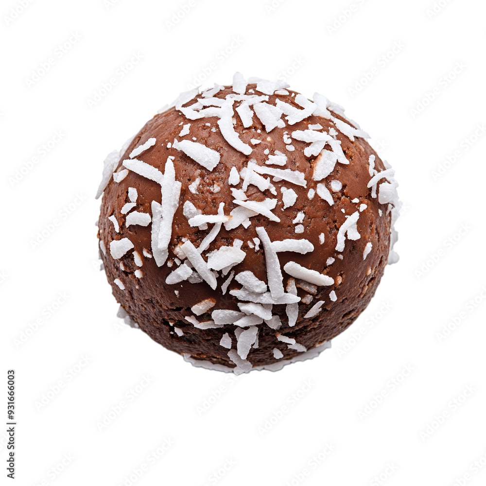 Poster top view of a small rum ball covered in cocoa powder and rolled in coconut flakes isolated on transp