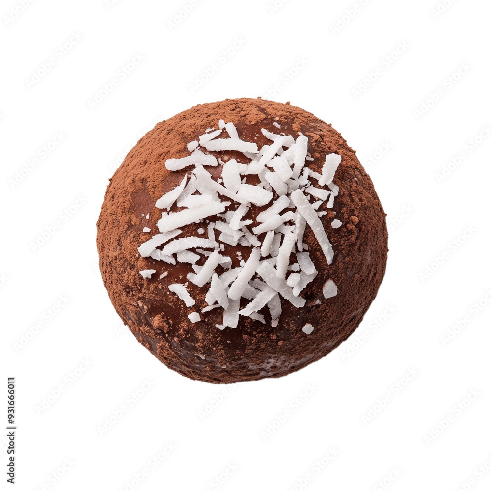 Poster top view of a small rum ball covered in cocoa powder and rolled in coconut flakes isolated on transp
