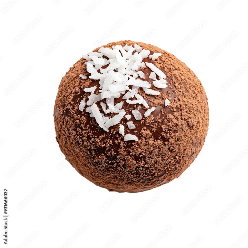 Poster top view of a small rum ball covered in cocoa powder and rolled in coconut flakes isolated on transp