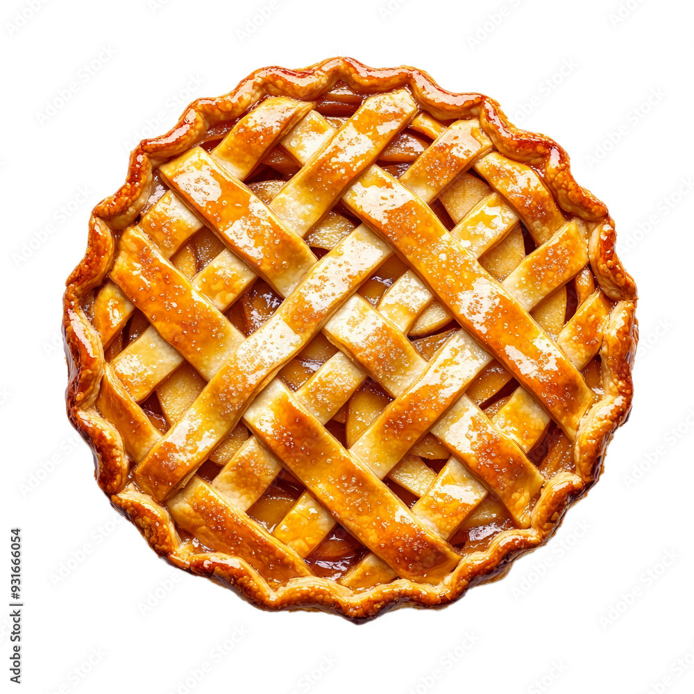Aufkleber top view of a spiced apple pie with a crisscross lattice crust and caramelized sugar isolated on tra