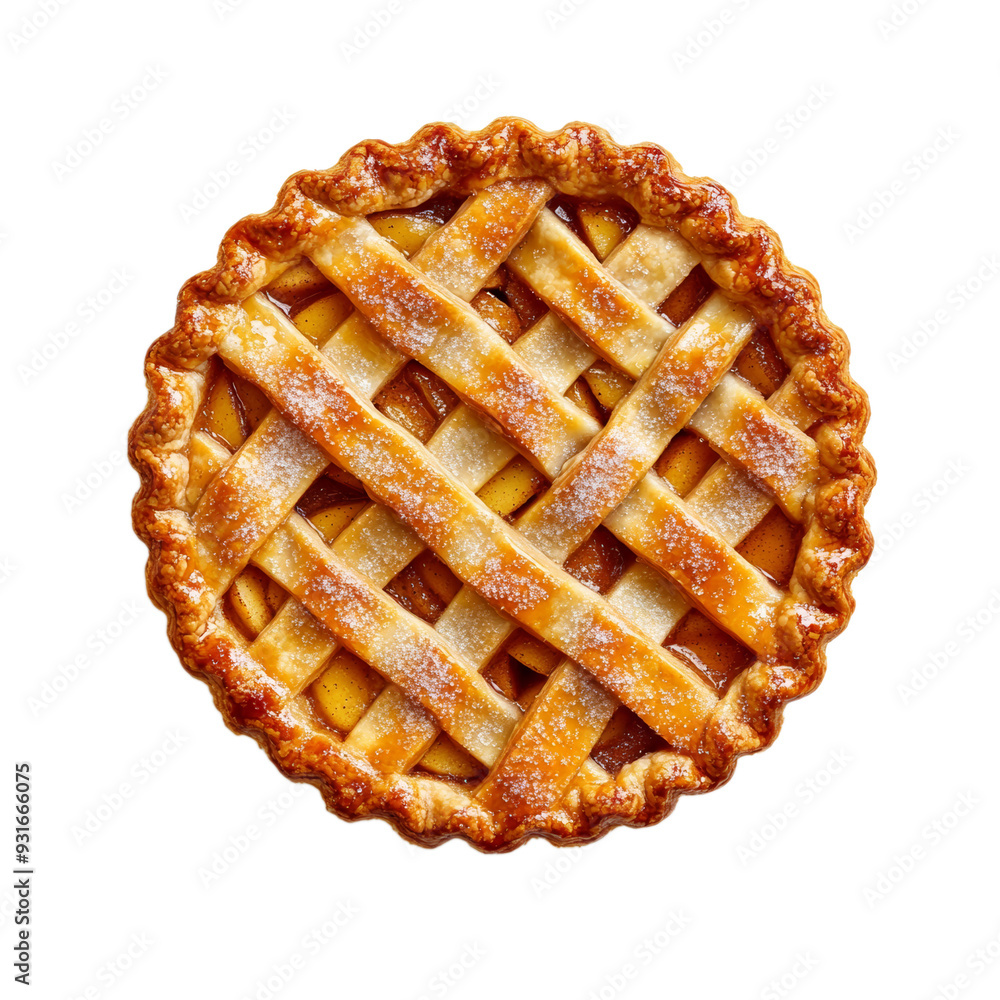 Aufkleber top view of a spiced apple pie with a crisscross lattice crust and caramelized sugar isolated on tra