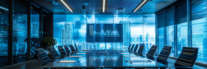 AI-enhanced boardroom with smart glass walls displaying real-time analytics and data
