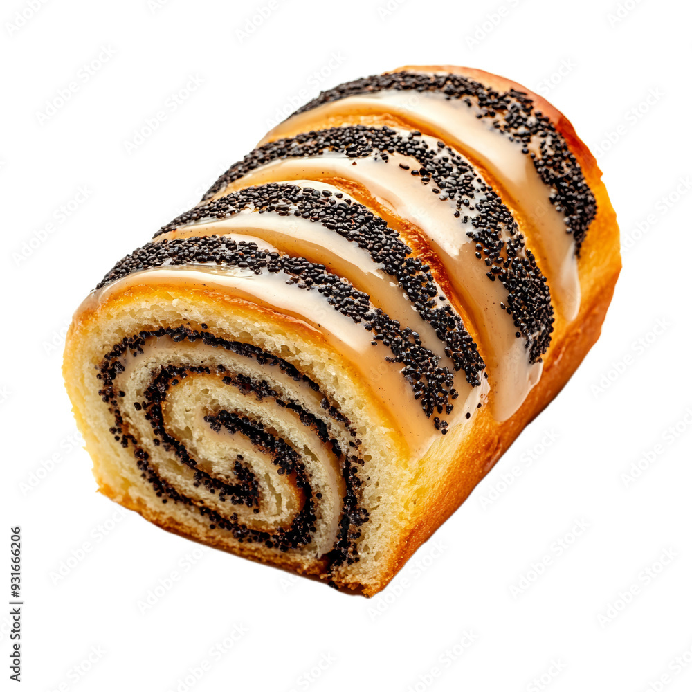 Poster top view of a traditional polish poppy seed roll slice with visible swirls and glaze drizzle isolate