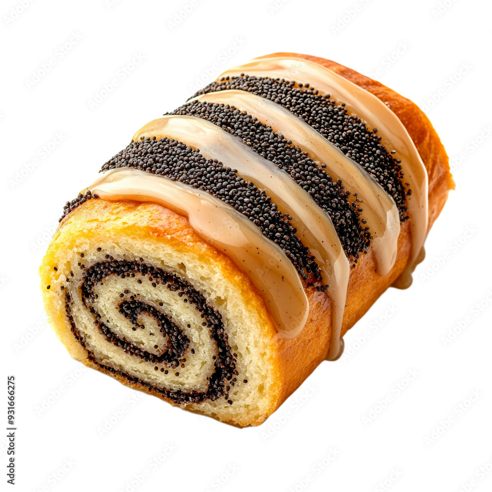 Poster top view of a traditional polish poppy seed roll slice with visible swirls and glaze drizzle isolate