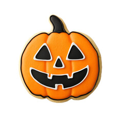 Fototapeta premium Top view of a sugar cookie shaped like a jack o lantern with detailed icing design isolated on transparent background 